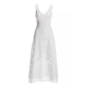 Boston Proper Mixed Media Lace Pom Pom Dress White Long Maxi‎ Size Large Bridal